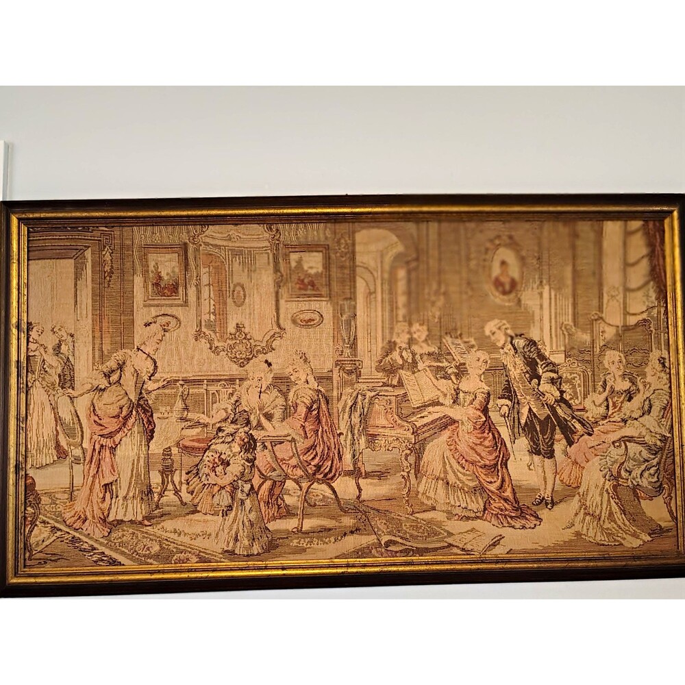 Framed Woven Textile Tapestry Wall Hanging People Scene. Approx. 37" x 21"